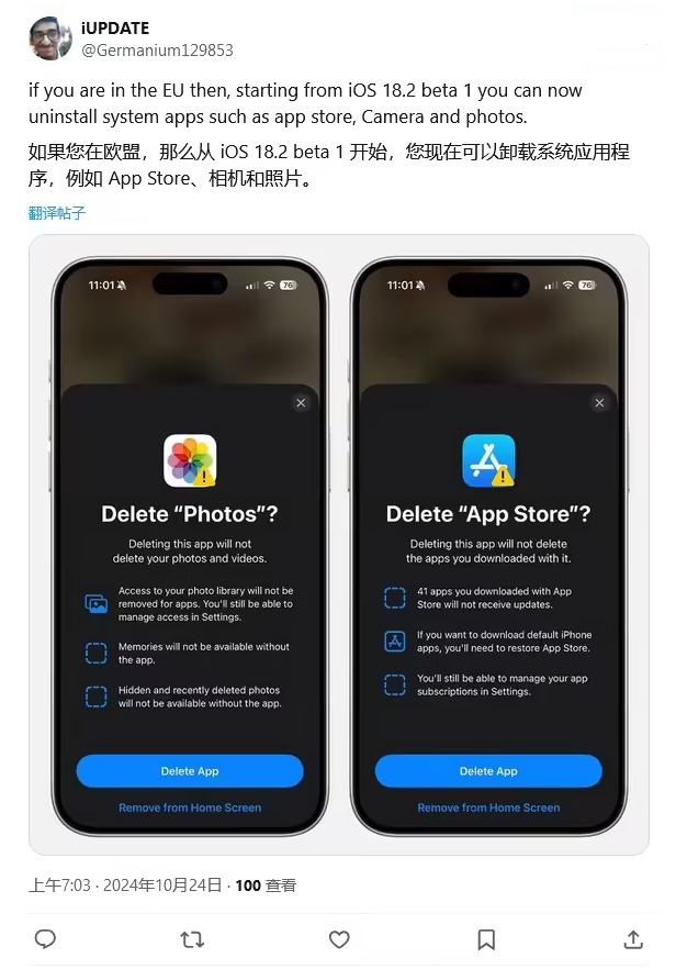 伊金霍洛苹果手机维修分享iOS 18.2 支持删除 App Store 应用商店 