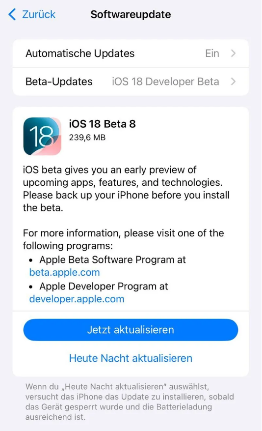 伊金霍洛苹果手机维修分享苹果 iOS / iPadOS 18 开发者预览版 Beta 8 发布 